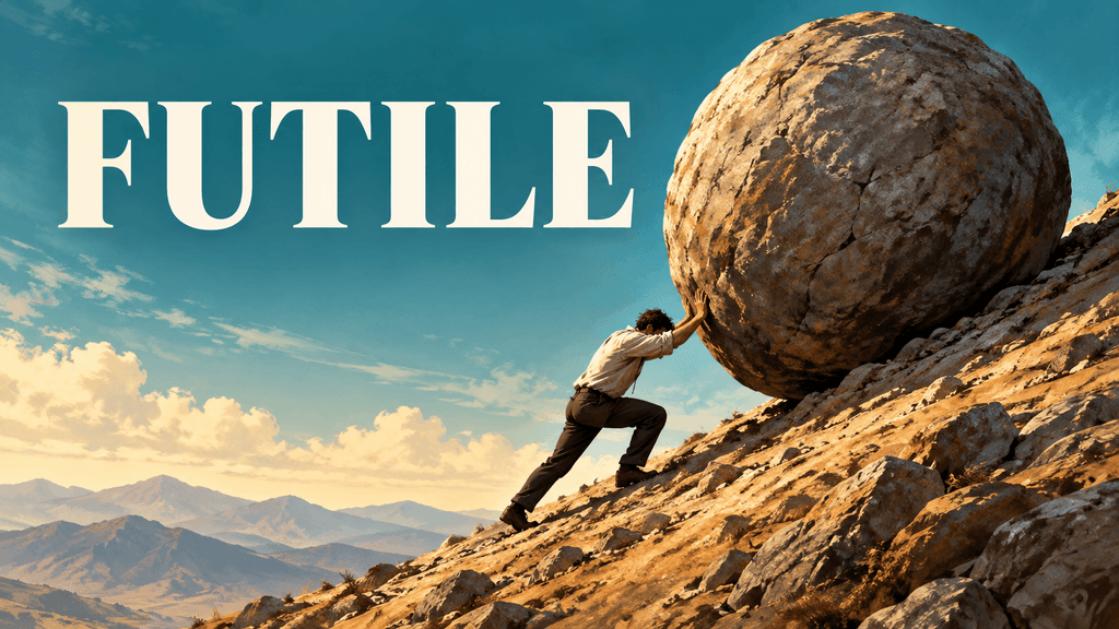 A man pushing a massive boulder uphill, illustrating futile effort.